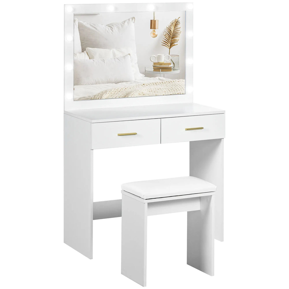 Makeup Vanity Desk Set with Stool, LED Mirror, Drawers, White
