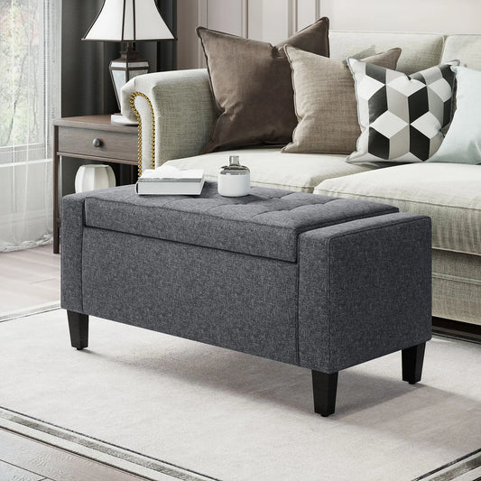 Storage Ottoman Bench, Linen Upholstered, Tufted Design Storage Ottomans & Benches Dark Grey at Gallery Canada
