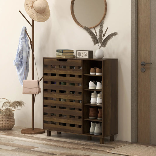 21 Pair Shoe Cabinet, 5-Tier Double Door, 5-Tier Open Shelves, Brown Shoe Storage Cabinets & Racks Brown at Gallery Canada