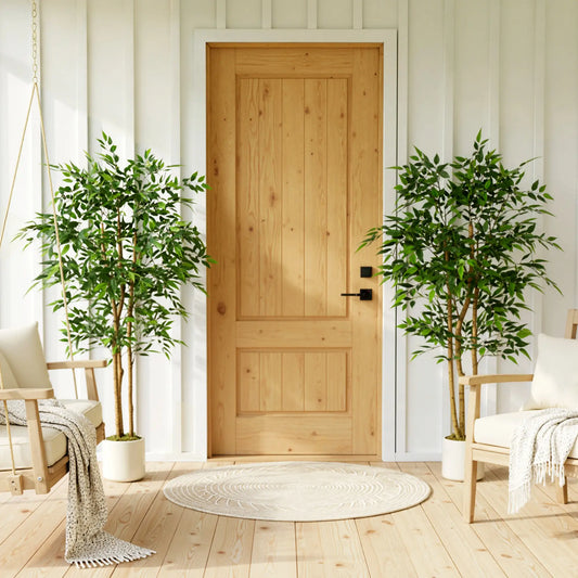 5FT Artificial Banyan Tree Set Of 2, Fake Potted Tree With Solid Wood Trunk Artificial Trees Green, White at Gallery Canada