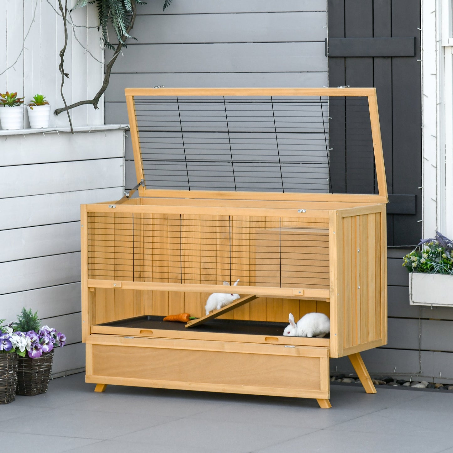 47" Rabbit Hutch Indoor with Top Access, Elevated Bunny Cage Guinea Pig House with Removable Tray, Ramp, Yellow at Gallery Canada