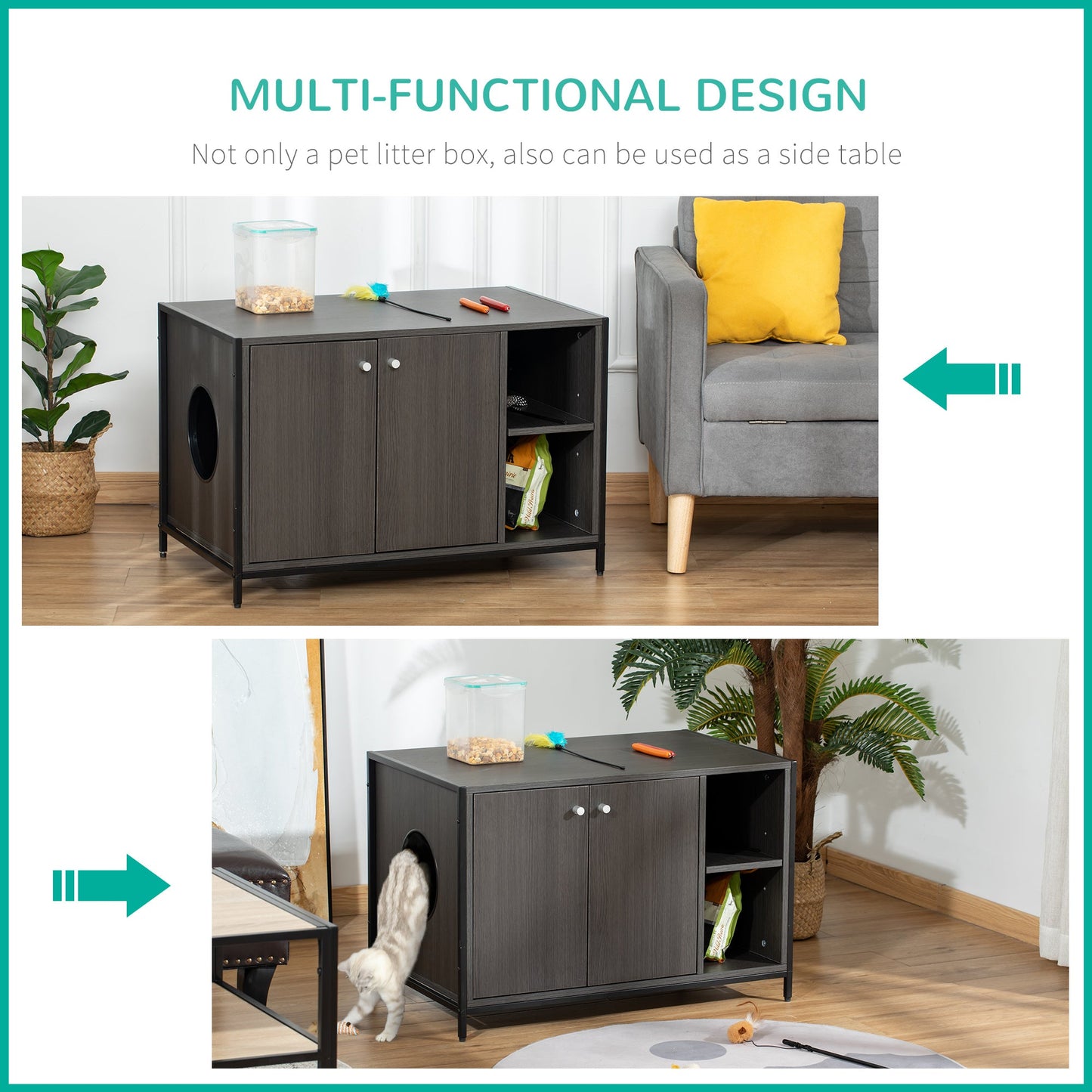 Cat Litter Box Enclosure Hidden Cat Furniture Cabinet Indoor Cat Washroom Double-door Nightstand End Table with Damping Hinge Multiple Storage Place Adjustable Partition Black at Gallery Canada