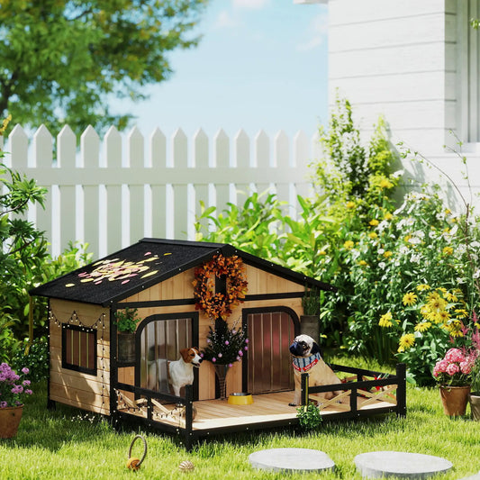 59"x64"x39" Wood Dog House, Outdoor Cabin-Style, Elevated Pet Shelter, Beige Houses, Kennels & Pens Beige and Black at Gallery Canada
