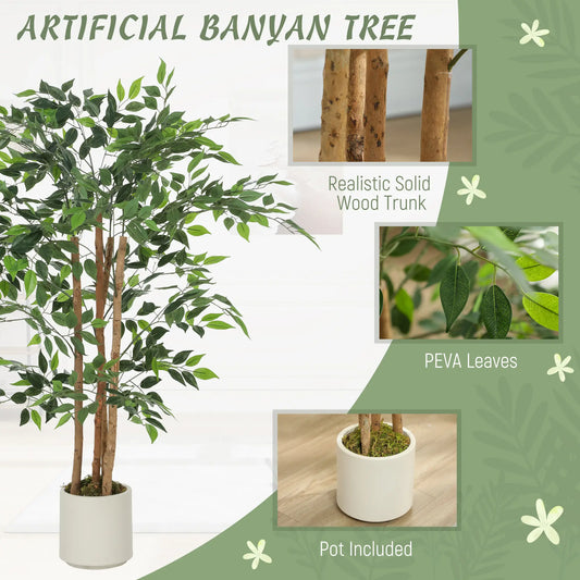 4FT Artificial Banyan Tree Set Of 2, Fake Potted Tree With Wood Trunk