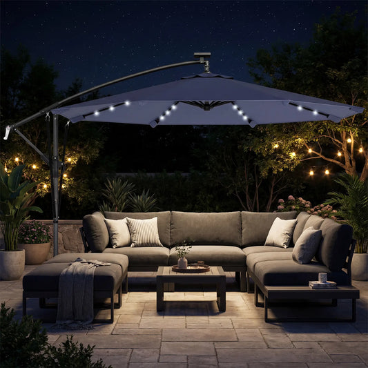 9.7ft Solar LED Cantilever Patio Umbrella, 32 LED Lights, Dark Blue Offset Cantilever Umbrellas Dark Blue, Black at Gallery Canada