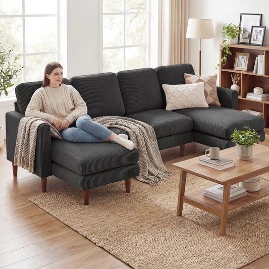 U Shaped Sectional Sofa, 2200lb Capacity, Corduroy, Double Chaise, Dark Grey 3-Seater Sofas Dark Grey at Gallery Canada