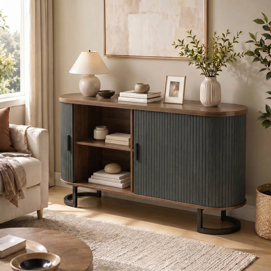 55" Fluted Sideboard Buffet Cabinet, Sliding Doors, Black Bar Cabinets Black Wood Grain, Brown Wood Grain at Gallery Canada