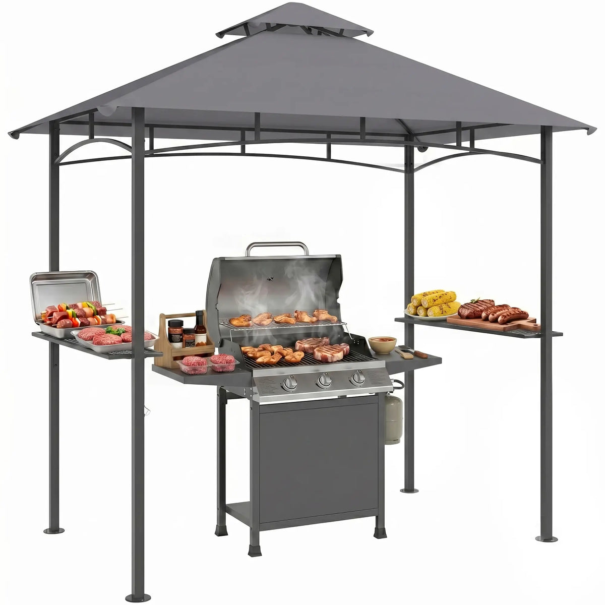 8' x 5' BBQ Grill Gazebo Tent, Double Tiered Canopy, Outdoor Sun Shade, Grey BBQ Grill Gazebos at Gallery Canada
