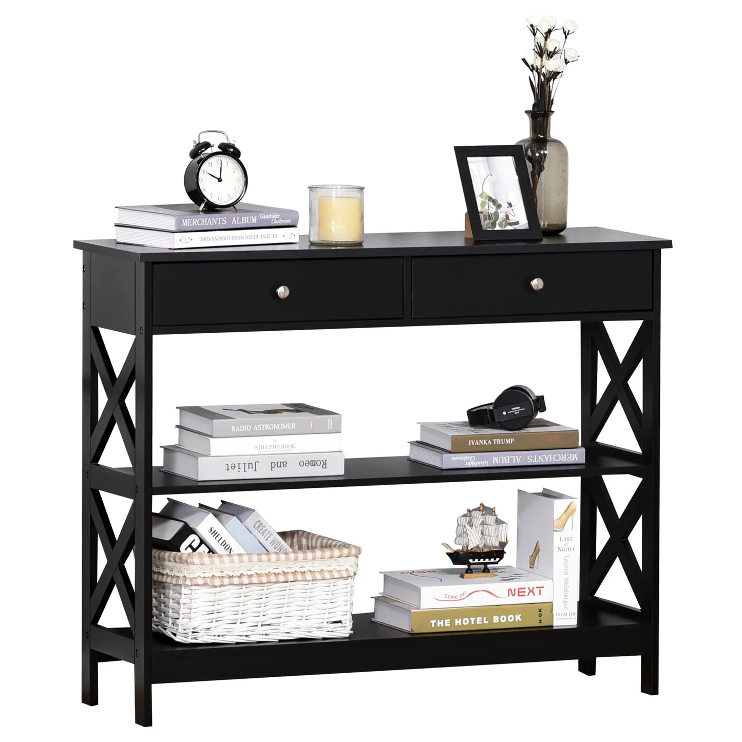 39" Narrow Console Table, Storage Shelves, Drawers, X Frame, Black Console Tables at Gallery Canada