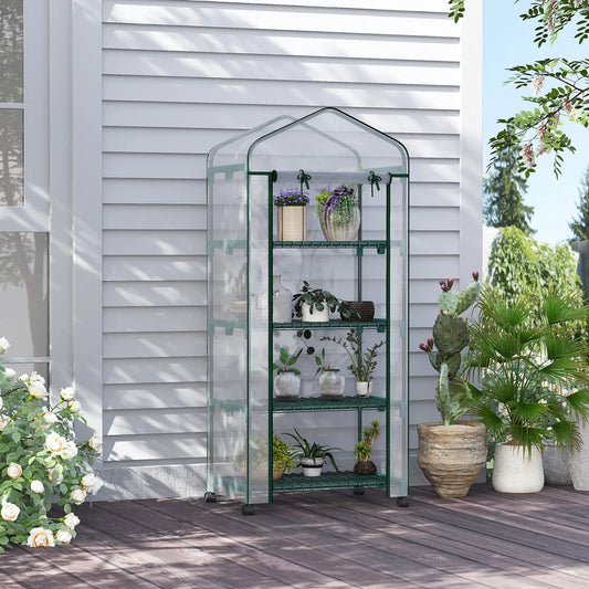 27" x 20" x 65" Portable Greenhouse, 4 Tier Shelves, Wheels, Steel Frame, Clear Plastic Cover