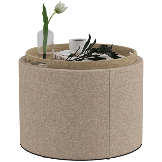 Round Coffee Table, End Table with Hidden Storage and Tray Top, Linen Upholstered Footrest for Living Room at Gallery Canada