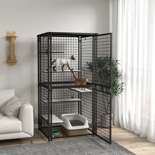 Multi-Level Cat Cage, Outdoor Catio, Steel, UV Water Resistant Cover, 5 Platforms, Soft Pads, Black