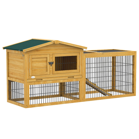 Wood Rabbit Hutch w/ Ramp, Openable Roof, Pull-out Tray, Yellow