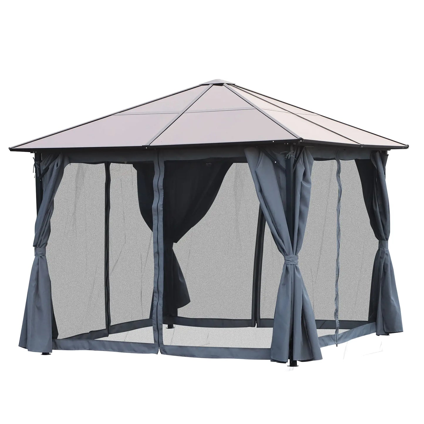 9.8' x 9.8' Aluminium Gazebo Hardtop Patio Tent With Mesh Curtains, Grey Gazebos at Gallery Canada