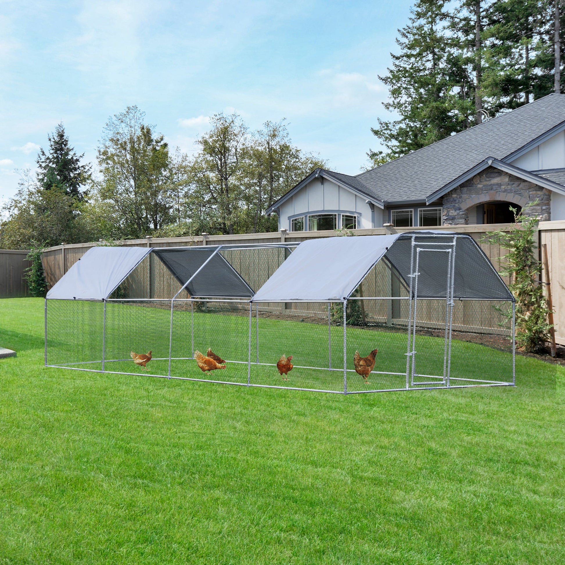 9.2' x 24.9' Metal Chicken Coop, Galvanized Walk-in Hen House, Poultry Cage Outdoor Backyard with Waterproof UV-Protection Cover for Rabbits, Ducks at Gallery Canada