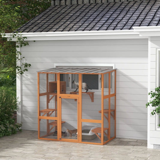 Outdoor Cat Enclosure, Window Box, Weatherproof Roof, Bridge, Resting Box, Platforms, for 2 Kittens, Orange Outdoor Cat Enclosures Orange at Gallery Canada