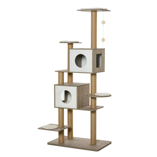 69.75" Wood Cat Tree, Cat Condo Tower with Scratching Post, Toy Ball for Indoor Cats, Light Grey at Gallery Canada