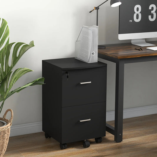 2 Drawer Mobile File Cabinet, Wood Office Filing Cabinet with Lock, Letter and A4 Size, Black Office Cabinets & Cupboards Black at Gallery Canada