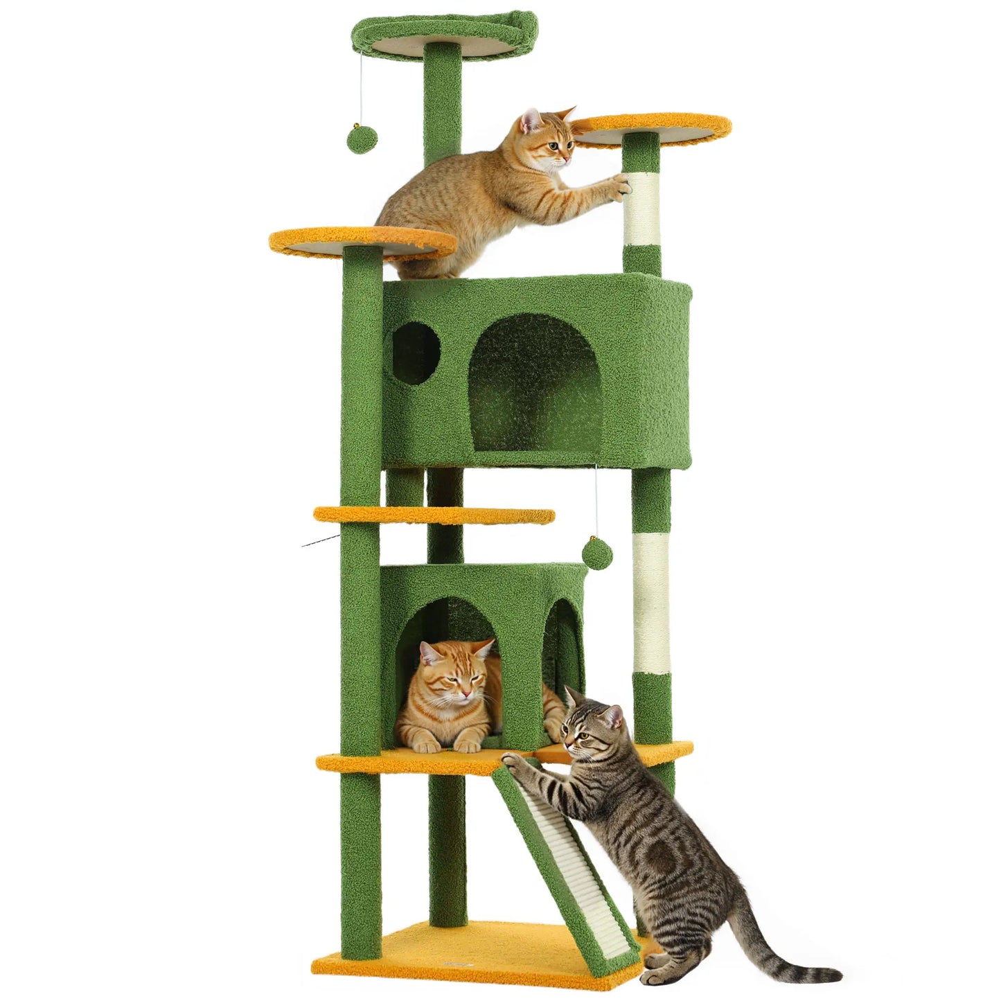 63" Cat Tree, Multi-Level Tower, Scratching Posts, Condos, Bed, Green