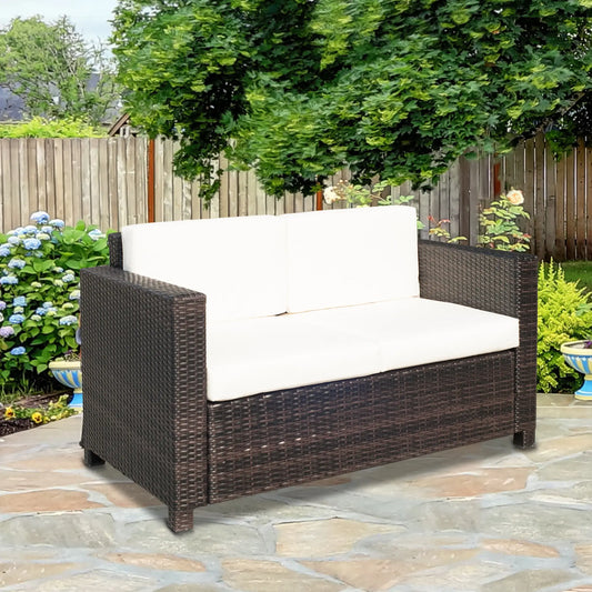 2 Seat Patio Loveseat, Wicker Sofa Chair, Outdoor Rattan Furniture, Cream White Patio Furniture Sets Brown Rattan, Cream White Cushion at Gallery Canada