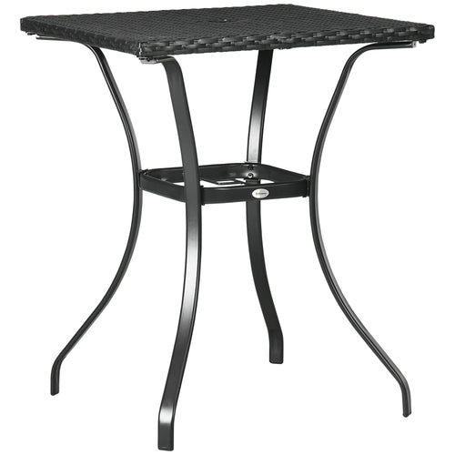 Patio Wicker Dining Table with Umbrella Hole, Outdoor PE Rattan Coffee Table with Plastic Board Under the Full Woven Table Top for Patio, Garden, Balcony, Black