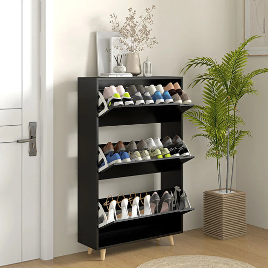 Slim Shoe Storage Cabinet, 3 Flip Drawers, Adjustable Shelves, 18-24 Pairs, Black Shoe Storage Cabinets & Racks Black at Gallery Canada