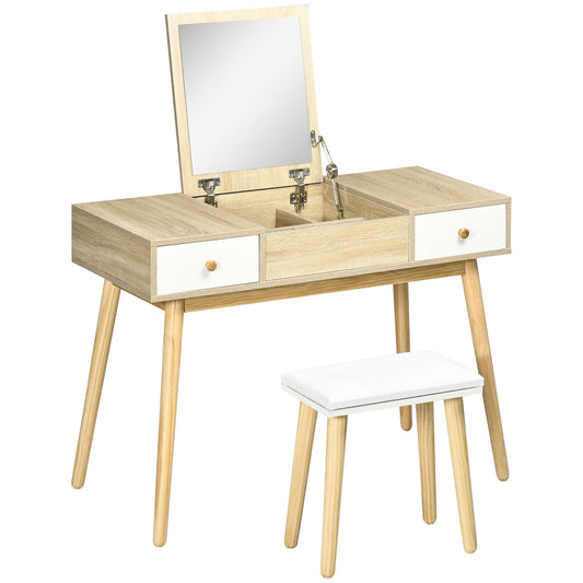 Dressing Table Set with Flip Top Mirror and Cushioned Stool, Makeup Vanity Dressing Table Writing Desk with 2 Drawers and Storage Grids for Bedroom, Natural - Gallery Canada