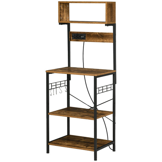 Baker's Rack with Charing Station, Microwave Shelf with Power Outlet, USB Charger and 5 Hooks, Rustic Brown - Gallery Canada