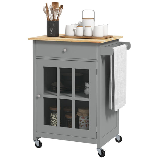 Rolling Kitchen Cart with Drawer and Glass Door Cabinet, Kitchen Island on Wheels with Towel Rack, Grey at Gallery Canada