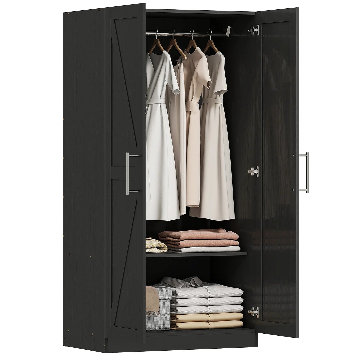 Barn Door Wardrobe Cabinet, 2 Doors With Hanging Rod, Wood Effect, Black Clothing Storage at Gallery Canada