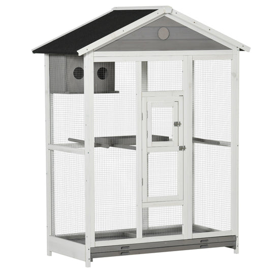 64.5" Bird Cage Large Wooden Aviary for Budgie Canary Cockatiel with Standing Pole Nest Slide-out Tray for Indoor Outdoor Grey - Gallery Canada
