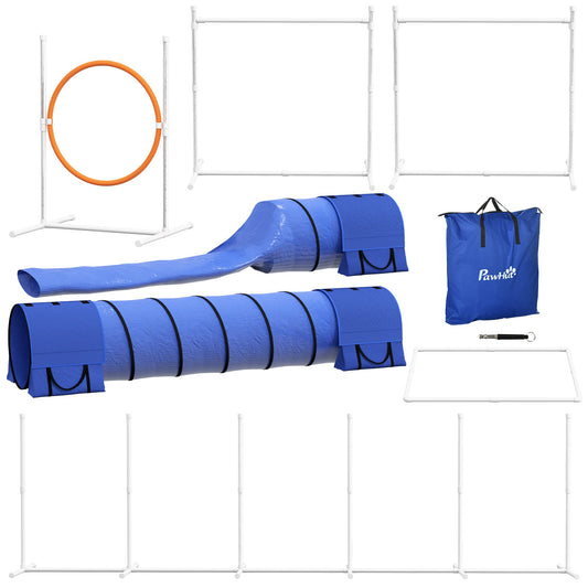 7 Pcs Dog Agility Kit w/ Tunnels, Weave Poles, Adjustable Hurdles, Jump Ring, Pause Box, Whistle, Carry Bag, Blue - Gallery Canada