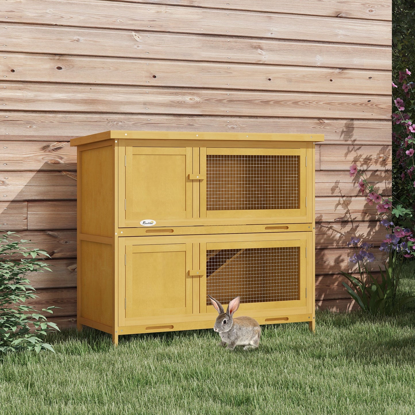 Wood Rabbit Hutch with 2 Large Main House, Ramp, Trays, Yellow at Gallery Canada