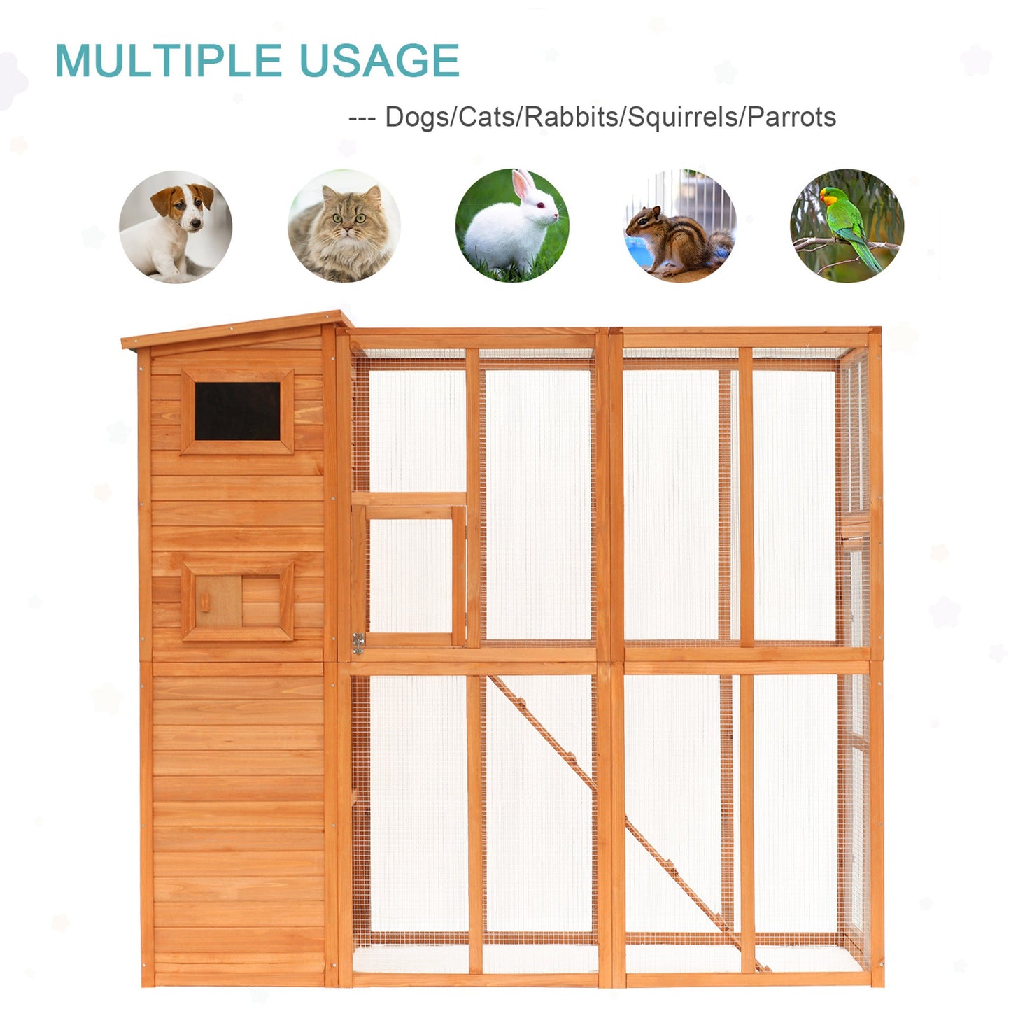 Large Wooden Outdoor Cat House with Large Run for Play, Catio for Lounging, and Condo Area for Sleeping, Natural at Gallery Canada