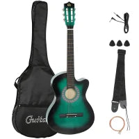 Guitare acoustique électrique de 38 pouces, cordes, médiators, sangle, étui, vert foncé