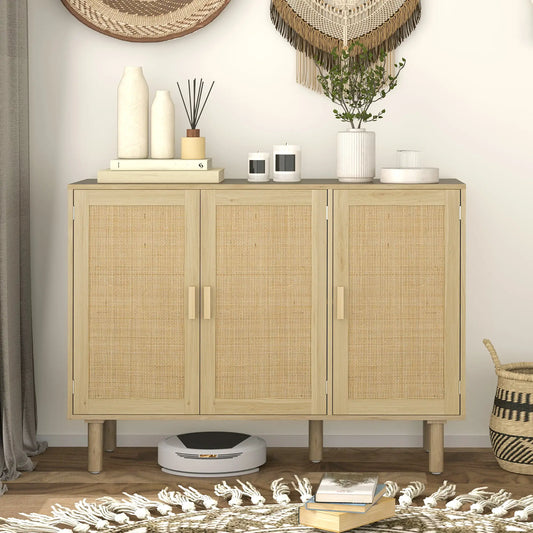 Bohemian Sideboard, 46.9" Buffet Cabinet, 3 Rattan Doors, Shelves, Oak Storage Cabinets Oak at Gallery Canada