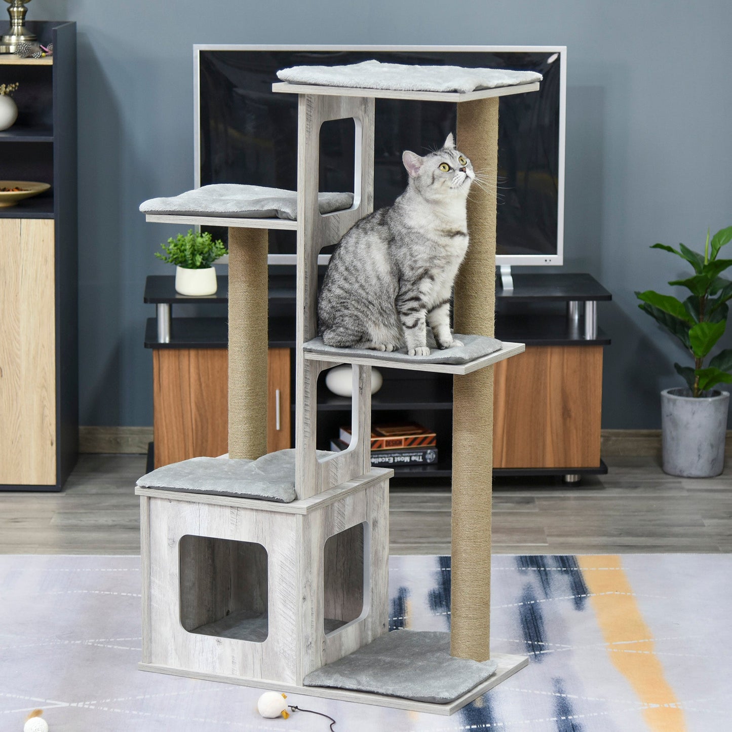 45" Deluxe Plush Cat Tree Tower Activity Center Climbing Frame Kitten Play House with Jute Scratching Posts Condo Perch Cushion Grey at Gallery Canada