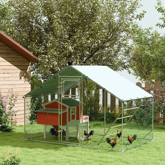 Large Metal Chicken Run, Waterproof UV-Resistant Cover, Feeding Door, Hanging Feeder, Perch for 6-8 Chickens Chicken Coops Silver at Gallery Canada