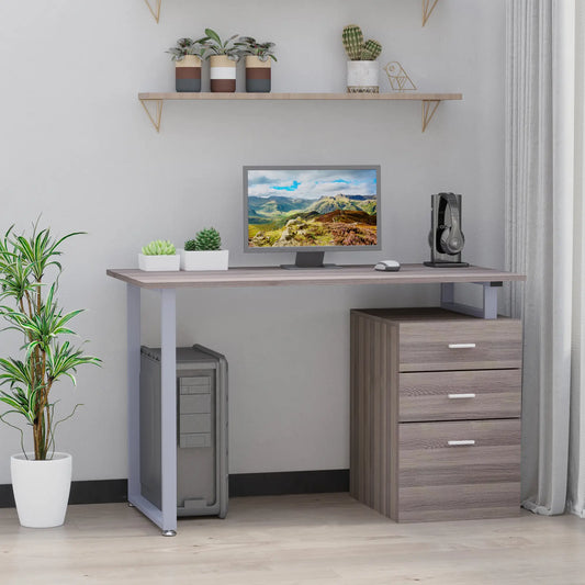 47" Computer Desk, Metal Frame, Reversible Drawers, Dark Wood Grain Writing Desks Silver frame, Brown board at Gallery Canada