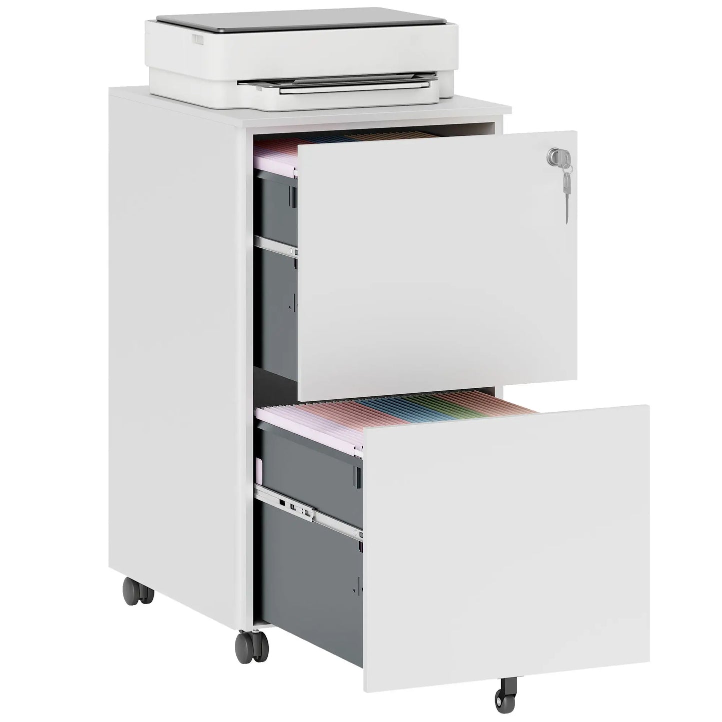 2-Drawer Steel Filing Cabinet on Wheels, Lockable, Adjustable Hanging Bar, White Office Cabinets & Cupboards at Gallery Canada