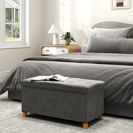Storage Ottoman Bench, Velvet Upholstered Foldable Footrest, Wood Legs Storage Ottomans & Benches Grey at Gallery Canada
