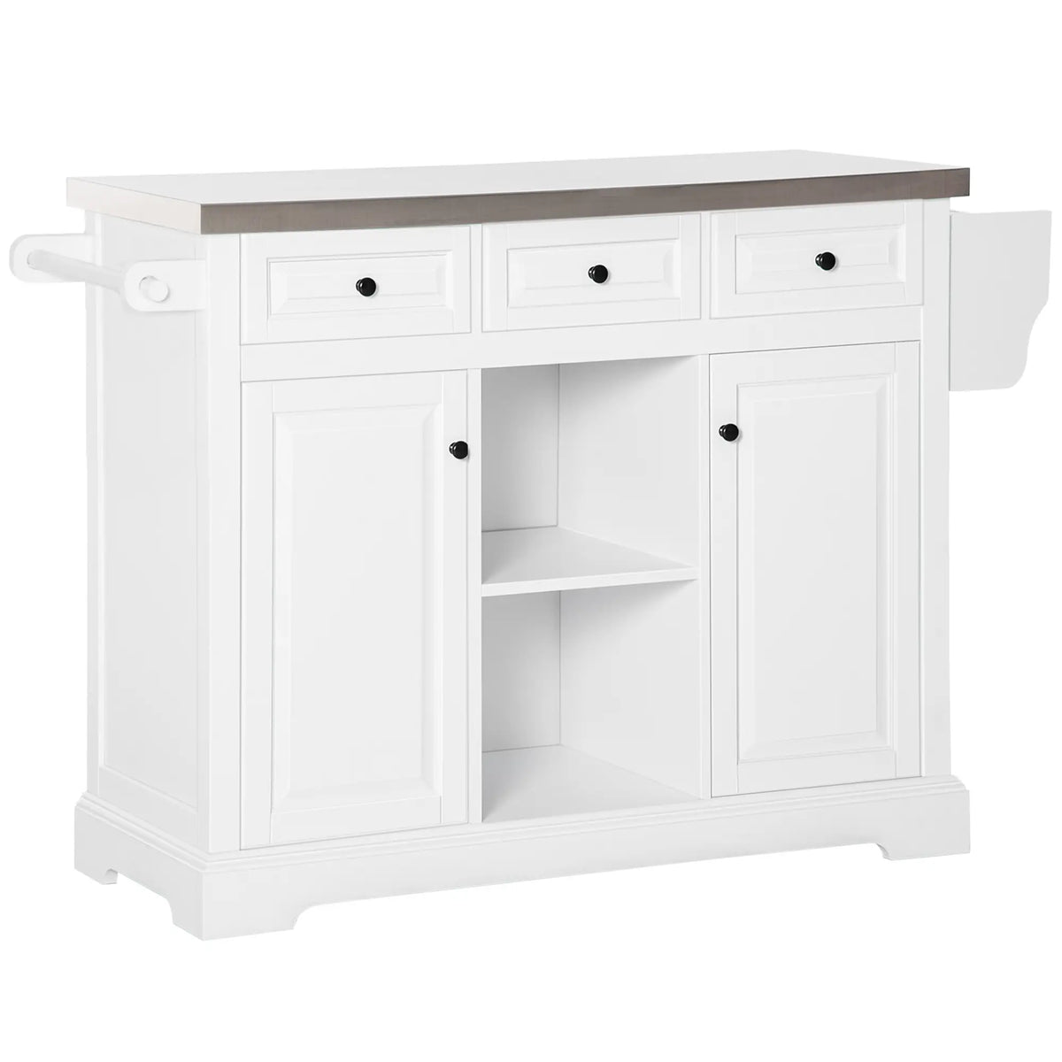 Kitchen Island on Wheels, Stainless Steel Top, Spice Rack, Drawers, White