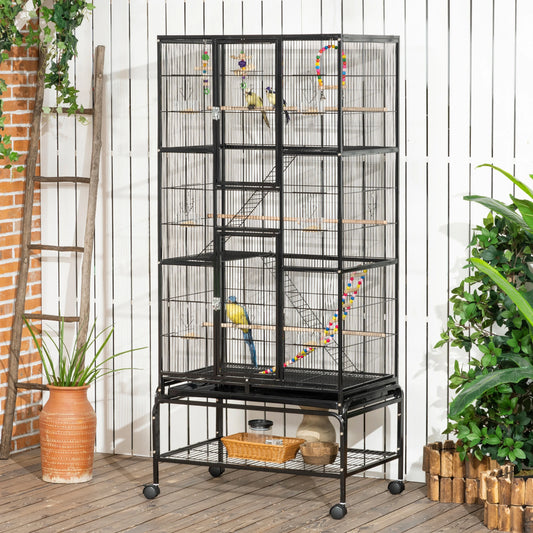 71" Bird Cage with Wheels, Perches, Ramp, Shelf, Toys, Black