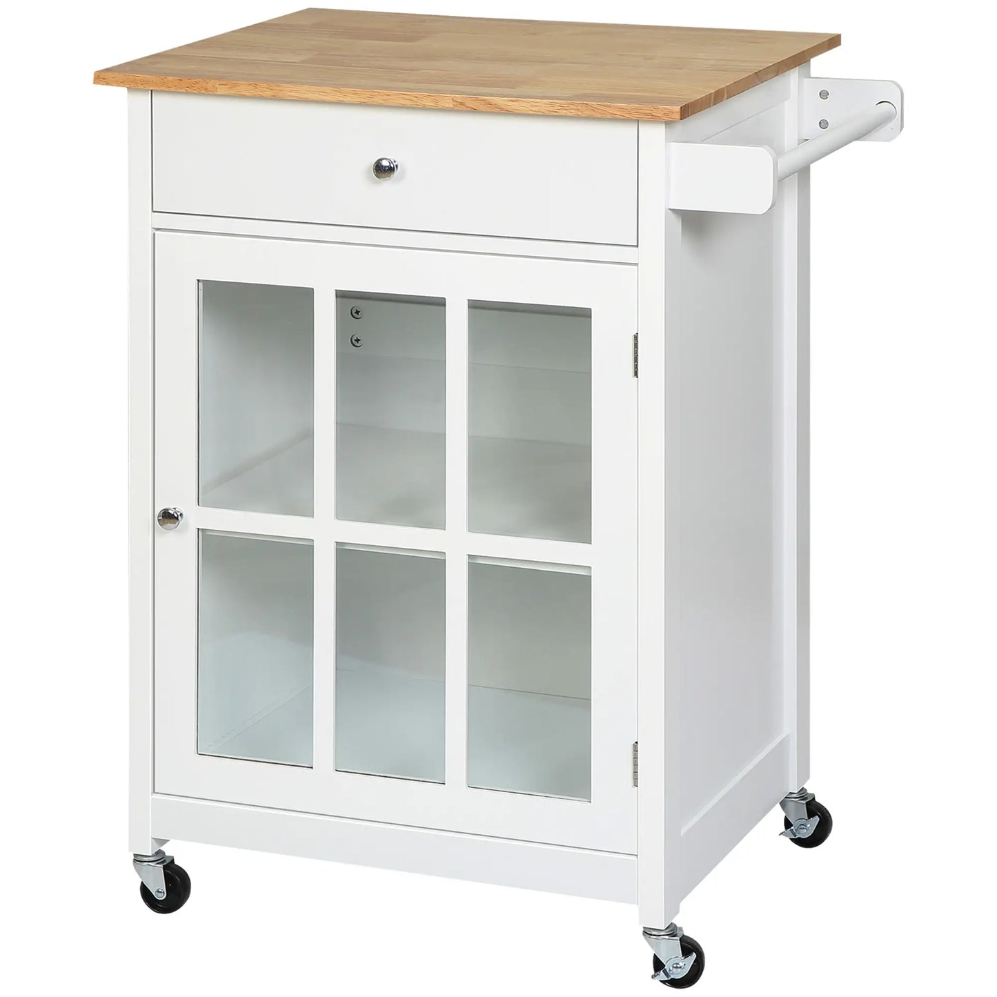 Rolling Kitchen Cart, Drawer Glass Door Cabinet, Island on Wheels, White