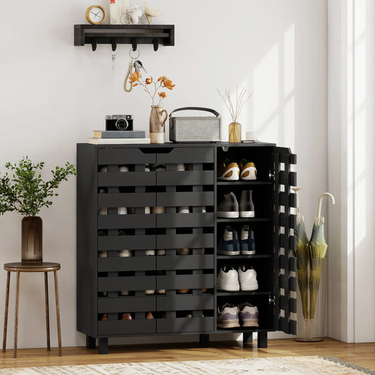 Shoe Cabinet, 20 Pair Storage with Hollowed-Out Doors, Black Shoe Storage Cabinets & Racks Black at Gallery Canada