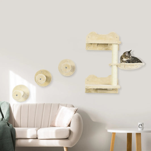 4Pcs Cat Wall Shelf with Scratching Posts, Hammock, Beige