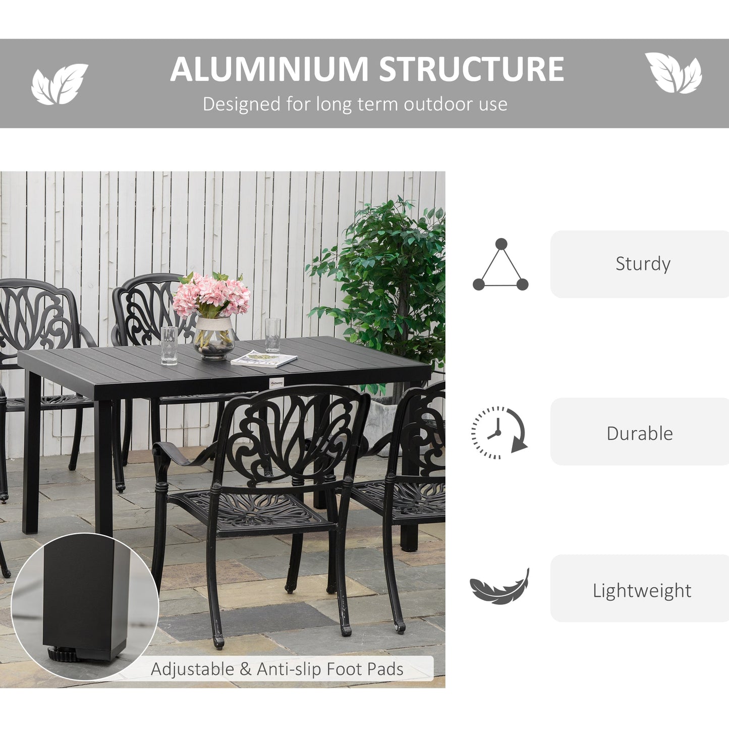 Aluminum Outdoor Dining Table for 6, Patio Rectangular Table, 55" L x 35.5" W x 29.25" H, Black at Gallery Canada