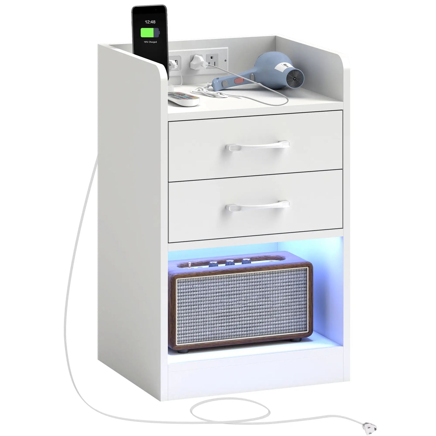 Tall Nightstand with Charging Station and LED Lights, Small Bedside Table with AC Outlets, USB Ports, 2 Drawers, Shelf Bedside Tables at Gallery Canada