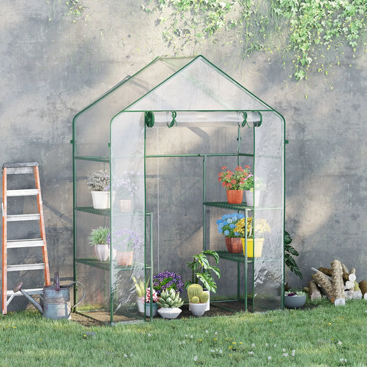 56" x 29" x 77" Walk-In Greenhouse, 4 Shelves, Roll-Up Door, Clear Mini Greenhouses Clear, Dark Green at Gallery Canada