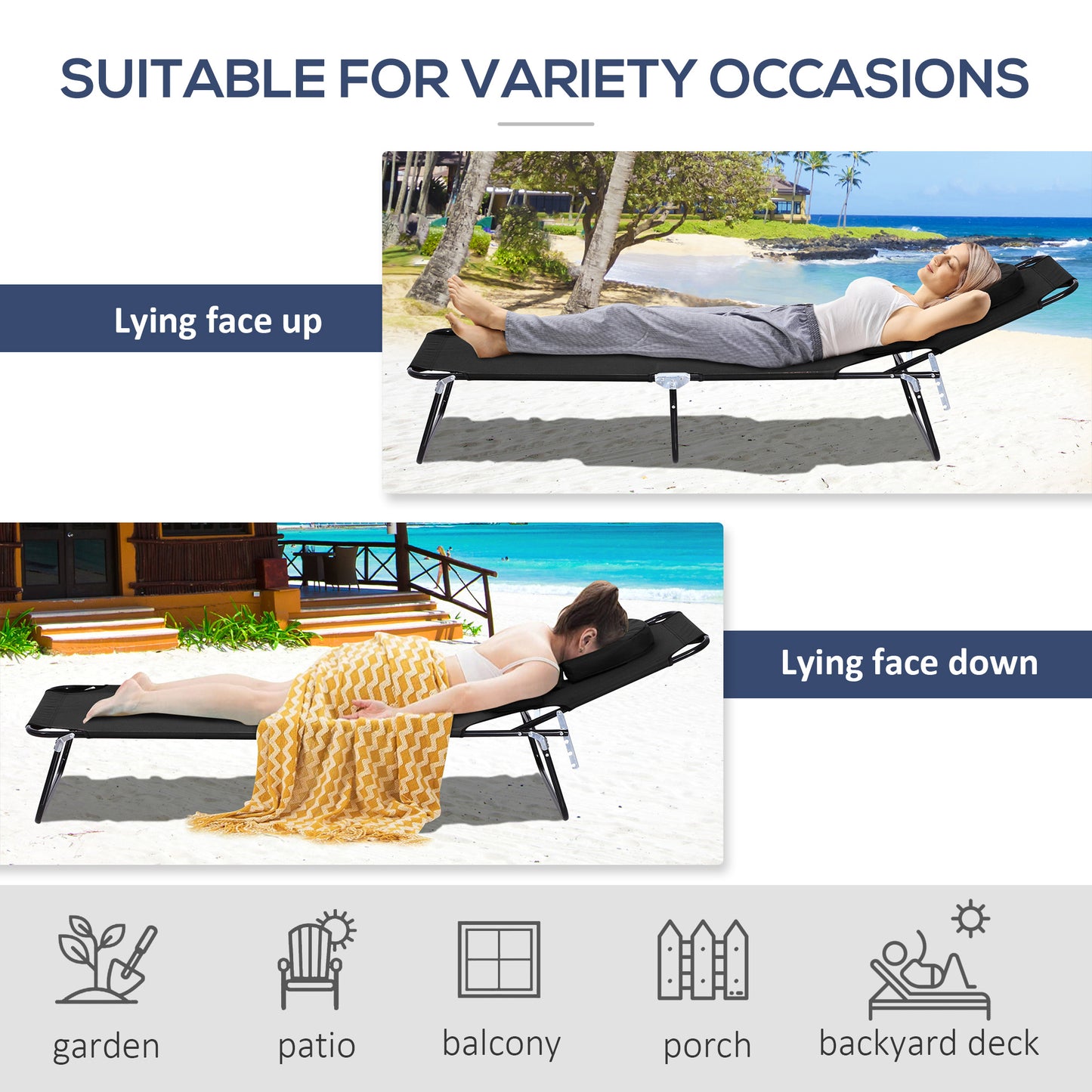 Adjustable Garden Sun Lounger w/ Reading Hole Outdoor Reclining Seat Folding Camping Beach Lounging Bed Black at Gallery Canada